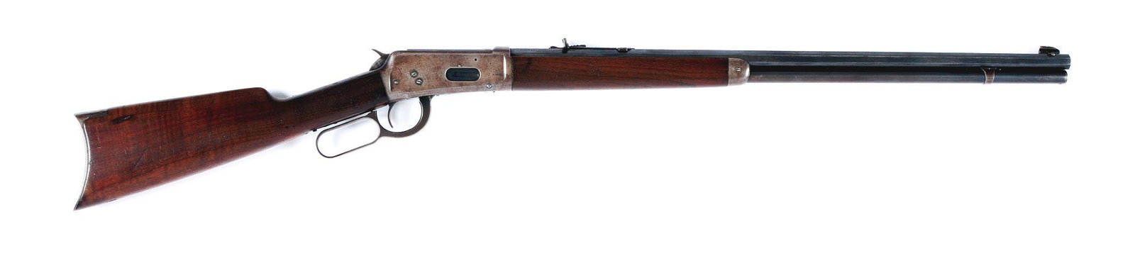 (C) WINCHESTER MODEL 1894 LEVER ACTION RIFLE.: Winchester Model 1894 full magazine rifle made in 1927. Full octagon "Nickel Steel" barrel with blade front sight and adjustable buckhorn rear sight. Barrel marked with Winchester address on right bar