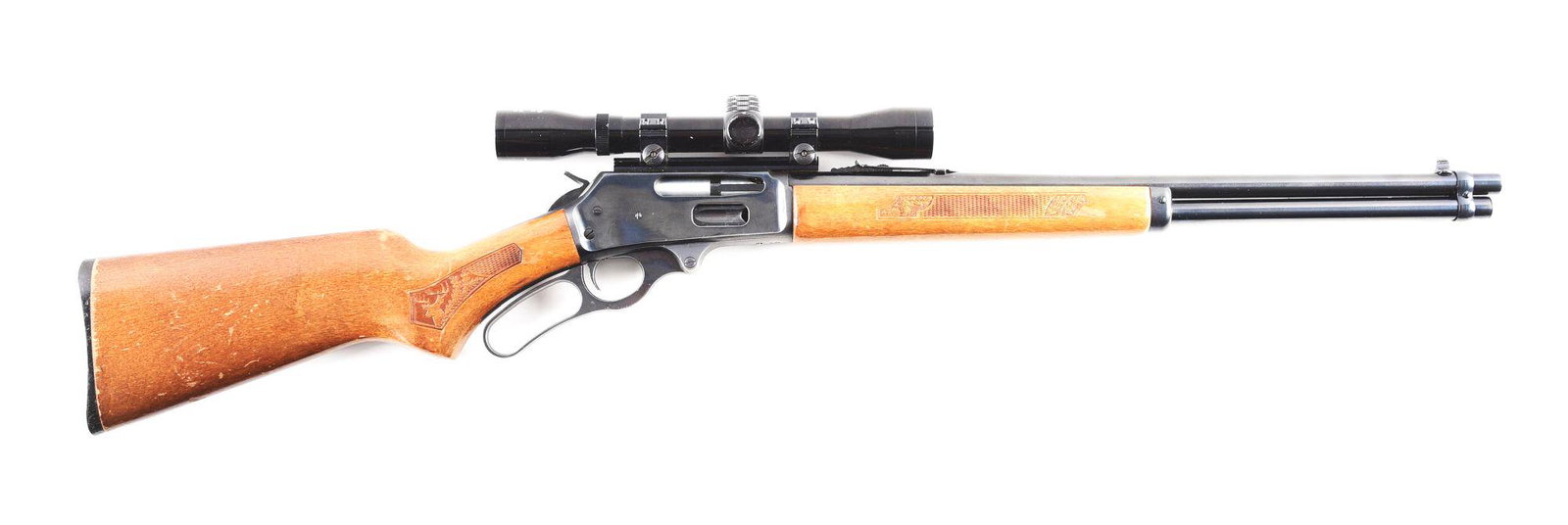 (M) GLENFIELD MODEL 30A LEVER ACTION RIFLE.: Marlin-Glenfield Model 30A lever action rifle with scope. Made 1977. "JM" stamped round steel barrel with blade front sight and U-notch rear leaf. Factory blued finish. Lightly stained wood stocks wit