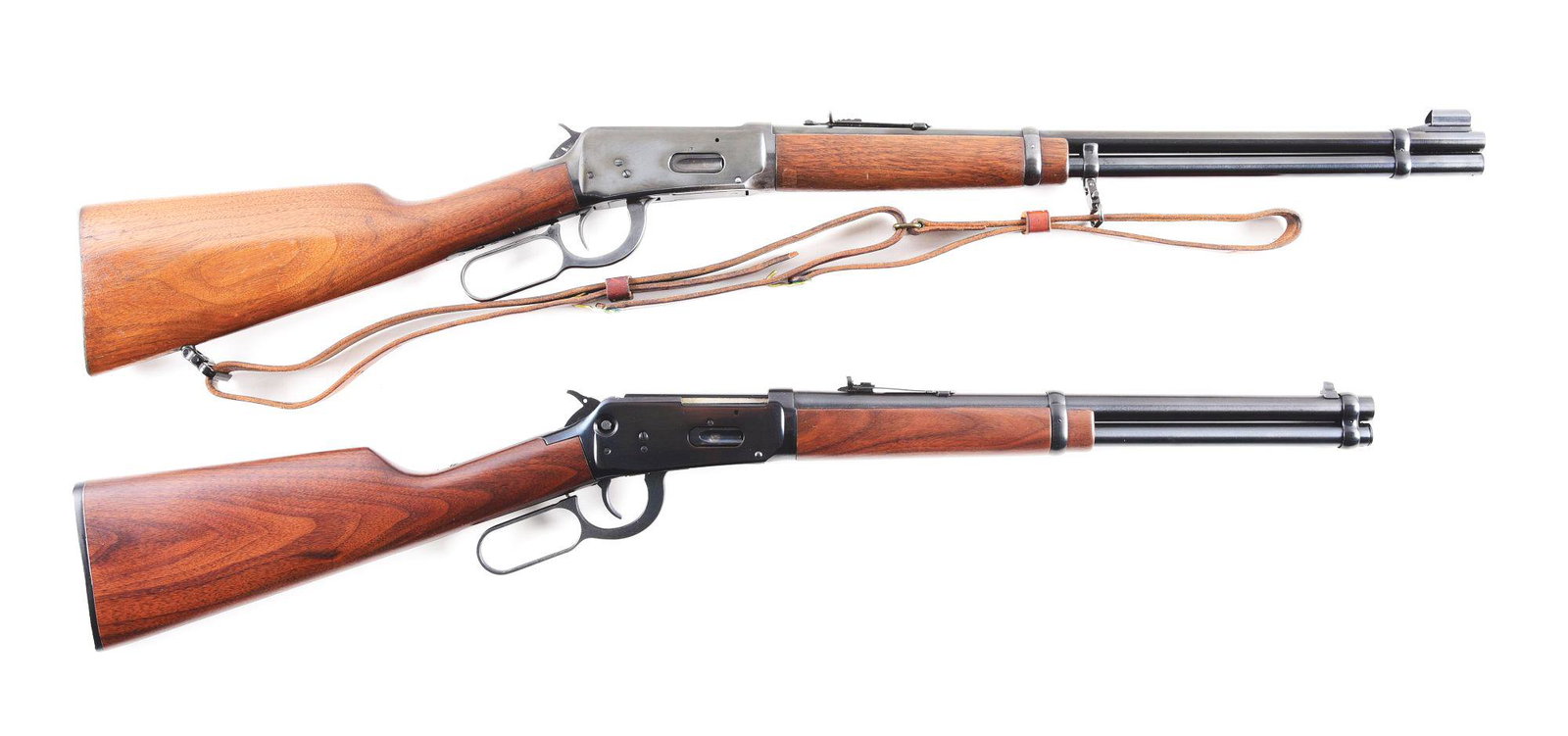 (M) LOT OF 2: WINCHESTER 1894 LEVER ACTION RIFLES.: Lot consists of: (A) Winchester Model 94 lever action carbine made in 1958. Blued, Winchester proof, steel, round barrel with hooded ramp front sight and 22G rear adjustable sight. Blued full magazine