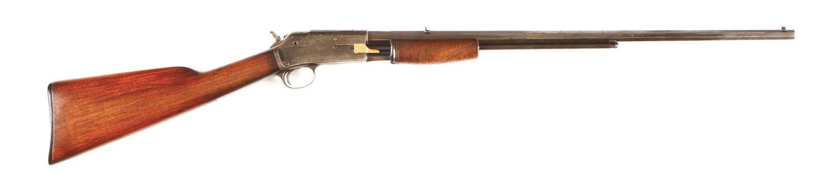 (C) COLT LIGHTNING SLIDE ACTION RIFLE.: 1900 Vintage Colt Lightning slide action, small frame rifle. Serial number 43665. 24-inch octagon barrel, chambered in .22 rimfire. Plain straight grain walnut stock with shotgun style buttplate. Ramp
