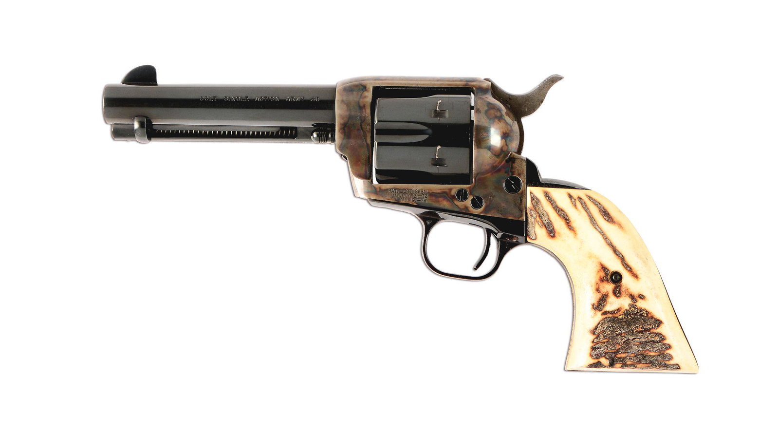 (M) FINE THIRD GENERATION COLT SINGLE ACTION ARMY: Manufactured in 1986, this Colt Single Action Army revolver features a blued 4 - 3/4" barrel, with a case hardened frame, and is mounted with 2 piece stag grips, which are marked "AJAX/GRIP/#1-2" on t