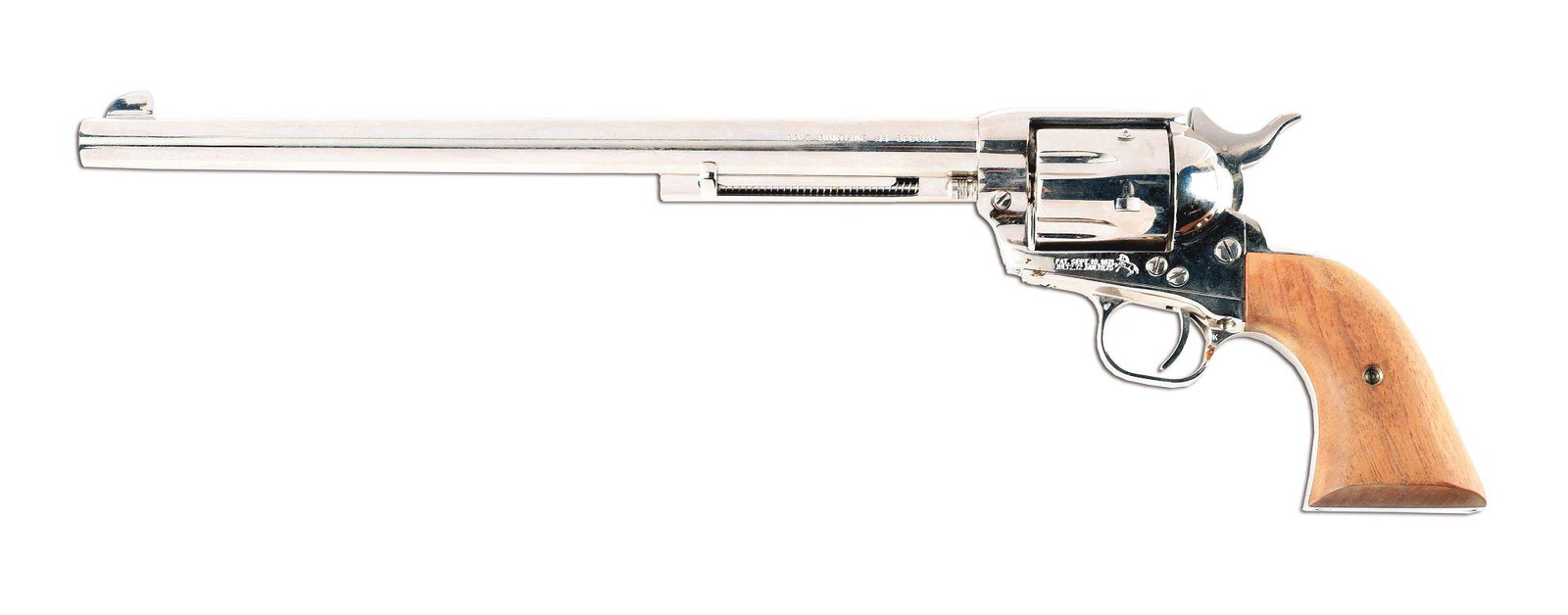 (M) FACTORY NICKEL COLT BUNTLINE .44 SPECIAL SINGLE: Colt Buntline Special single action revolver with box. Made 1970's. Round, steel 12" barrel with blade front sight. Factory nickel finish on all the metal components. Unfinished wood grips. Includes o