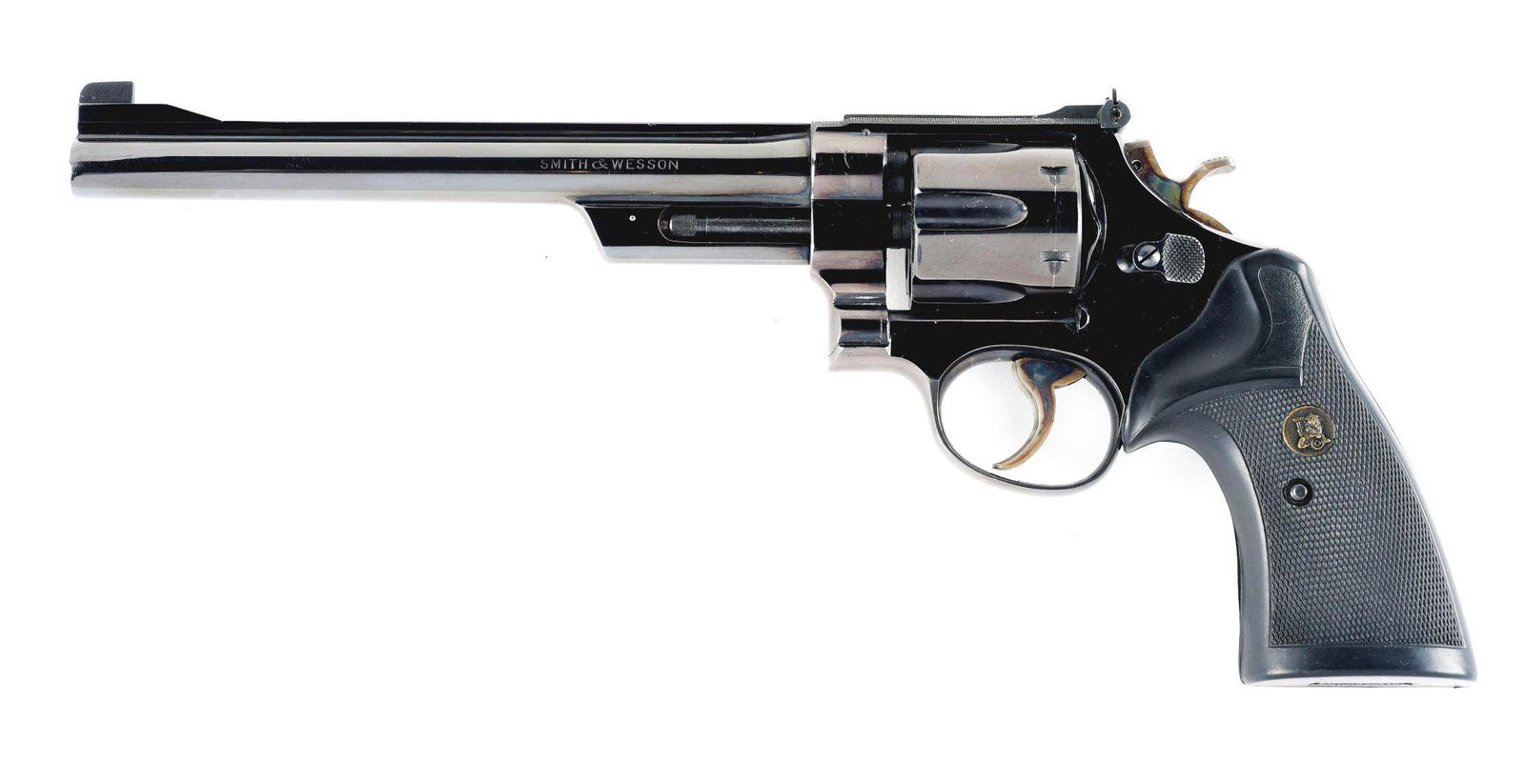 (M) CASED SMITH & WESSON MODEL 27-2 DOUBLE ACTION .357: Smith and Wesson Model 27-2 double action revolver with case. Made 1970s. Round steel barrel with blade front sight and adjustable U notch rear. Factory high polish blued finish with case hardened tri