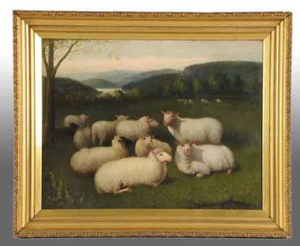 Sheep in Pasture Oil Painting by Jones.: Description Dated 1875 to 1880. Oil on canvas. Vintage gold gilded frame. Signed LR "H. Bolton Jones, Brooklyn." Artist known for painting coastal and Hudson River scenes. Sheep are an unusual subject
