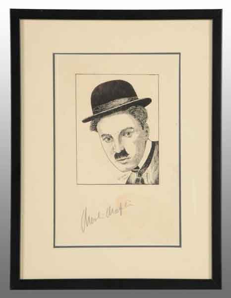 Autographed Print of Charlie Chaplin.: Description Dated 1915. Framed under glass. Condition (Excellent). Size Framed: 12" x 15 - 1/2".