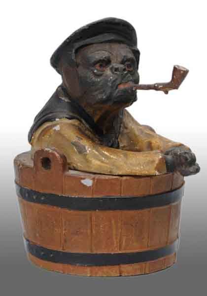 Dressed Dog in Tub Inkwell.: Description Lead metal. Dog dressed in a sailor's outfit, smoking a pipe. Insert present. Condition (Excellent). Size 3 - 1/2" T.