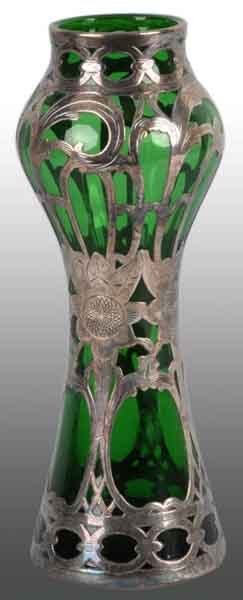 Green Art Glass Vase with Silver Overlay.: Description No cracks in glass. Condition (Excellent). Size 6" T.