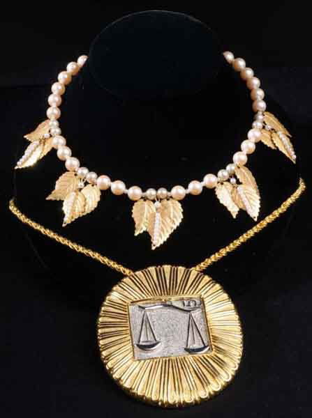Lot of Signed Miriam Haskell & Judith Leiber.: Description Haskell leaf and faux pearls necklace with Judith Leiber chain and pendant pin. Condition (Excellent). Size Largest: 20" L.