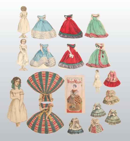Lot of 6: McLoughlin Paper Dolls.: Description ND. "Mrs. Tom Thumb", "Nancy Fancy", "Minnie Miller", "Dolly", "Ida May", and "Emma." No set is complete. The dolls and clothing are in good condition and show average age and wear.