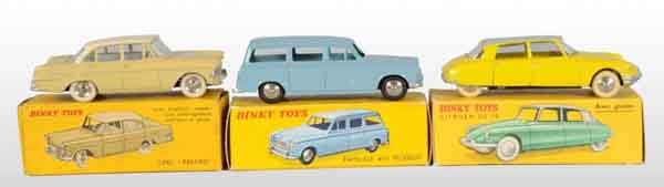 Lot of 3: Dinky Toys Die-Cast Automobiles.: Description French. Includes #522 Citroen DS19, #403 Familiale, and #544 Opel Rekord. Includes original boxes with remnants of price sticker still remaining on end flaps. Condition Toys (Excellent) Bo