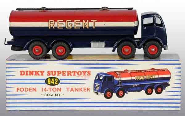 Dinky Super Toys Die-Cast No. 942 Regent Tanker.: Description "Regent" written on both sides and back of tank and also marked "Foden" on bottom. A couple minor overall chips and nicks. Includes original box with two small poke holes on lid. Condition