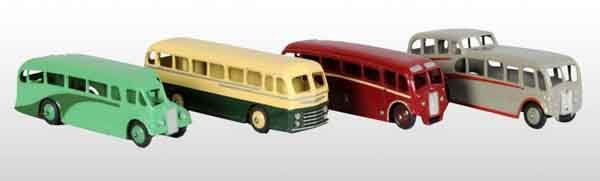 Lot of 4: Dinky Toys Die-Cast Buses.: Description English. Includes one Luxury Coach, one Road Master Royal Tiger, one Observation Coach, and one Single Deck. Some minor wear and scratching to roofs and fenders. Includes original boxes. C