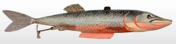 Tin Mechanical Pike Fish Toy.: Description German. Working. Includes a screw-in top that hides mechanism like a German Bing submarine. Beautifully done and extremely scarce with hand-painted eyes and overall very little wear. Condi