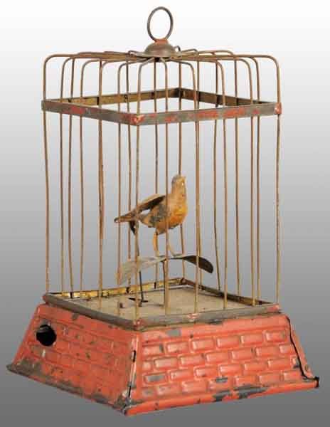 Tin Hand-Painted Birdcage Wind-Up Toy.: Description German. Working. Base is brick-like tin. When wound, bird spins around and bellows chirps. Some paint wear on base. Condition (Very Good). Size 8" T.