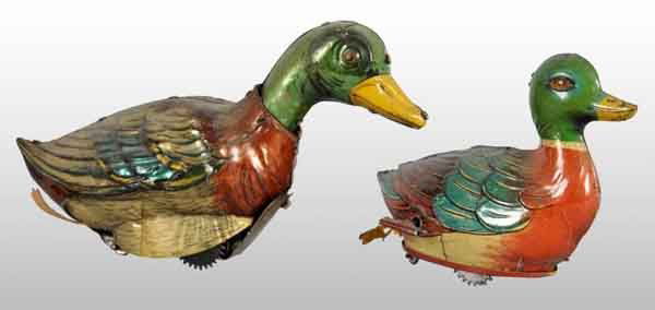 Lot of 2: Tin Litho Duck Wind-Up Toys.: Description German. Working. One is made by Fischer with fish mark on bottom of toy and second is Hans Eberle marked "Tock-Tock" with "HEN" mark on bottom. Both have beautiful early lithography and ve