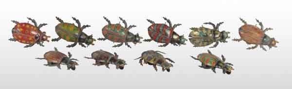 Lot of 10: Tin Litho Beetle Push Toys.: Description Pre-war. German. Marked "DRGM Germany". Includes ten versions of the same toy with different lithography variations. Condition (Excellent). Size All: 3" L.