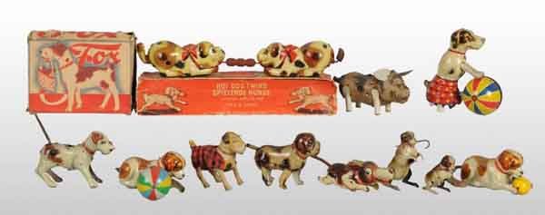 Lot of 11: Tin Dog Wind-Up Toys.: Description Some are made in Germany, some Western Germany, and some US Zone Germany. Working. Very nice lithography with minor overall scratching and wear. Includes two original boxes, one with missi