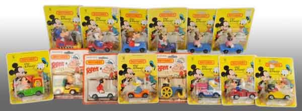 Lot of 14: Walt Disney Matchbox Car Toys.: Description Includes 11 various Disney character cars and three Popeye character cars, all sealed in plastic on original header cards. Some have original price tags of "$1.59" on them. A couple of the