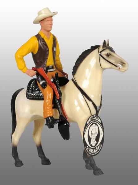 Hartland Horse and Matt Dillon Rider.: Description Plastic. Includes original string tag. Rider has a few minor scratches to several areas including the face. Hat, rifle, and gun are present. Horse has minor overall wear. Saddle is present