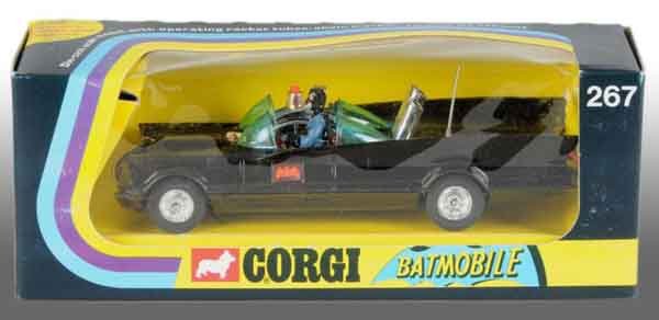 Corgi Batmobile Car Toy.: Description Original package with rockets underneath of car. Appears to be unused. Includes original box #267 with some wear, especially to box. Condition (Excellent). Size 6" L.