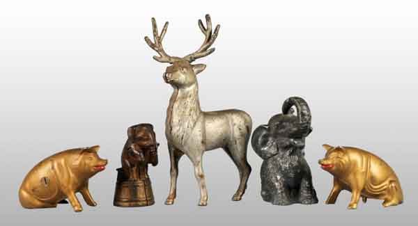 Lot of 5: Cast Iron Animal Still Banks.: Description Includes deer, two pigs, elephant on tub, and seated elephant. Condition (Very Good).