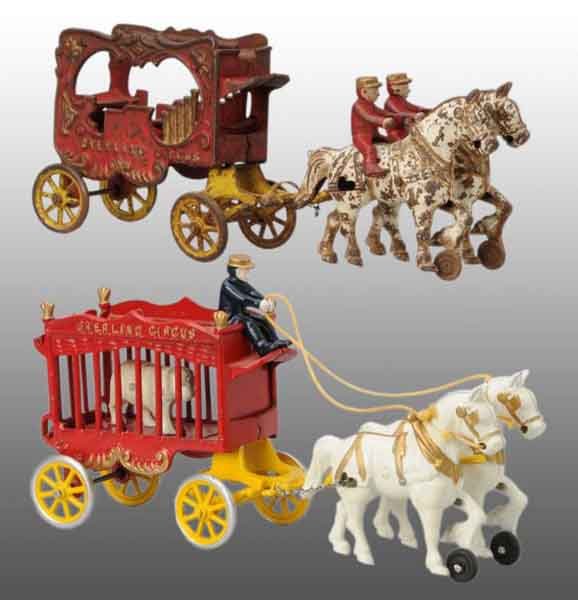 Lot of 2: Cast Iron Overland Circus Pieces.: Description Both are two-horse-drawn, one with driver and two other riders, the second with no figures. The circus cage includes a polar bear inside. One is restored and the other has 60% of its origi