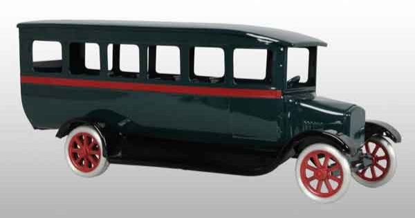 Pressed Steel Flivver Bus Toy.: Description Cowdery Toy Works prototype model. Two-tone dark green body with black fender and solid red painted stripe. Condition (Unused). Size 18" L.
