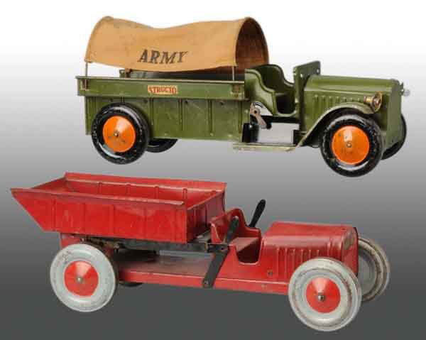 Lot of 2: Pressed Steel Structo Truck Toys.: Description Circa 1930s. Includes one Army with original canvas headlights and tailgate and one hand-operated dump bed truck. Condition (Very Good). Size Largest: 17" L.