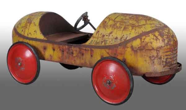 Pressed Steel Homemade Pedal Car.: Description 1940s. All steel body with soapbox derby wheels. Named "Billy's Special". Great, old look. Condition (Good). Size 53" L.