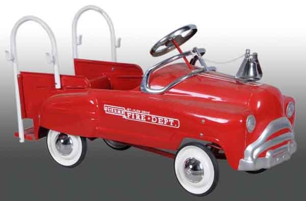 Pressed Steel Murray Sadface Fire Truck Pedal Car: Description 1950s. Manufactured in Columbus, Ohio. Restored with minor damage to left front fender. Condition (Restored). Size 42" L.