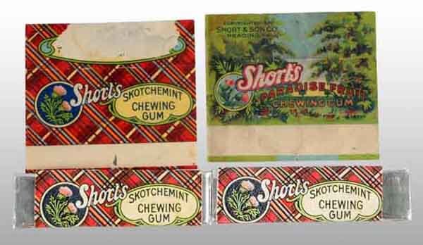 Lot of 4: Short's Gum Pieces.: Description Includes two wrappers and two sticks that appear to have been re-wrapped and taped into an album. Paper loss and wear throughout. Condition (Good).