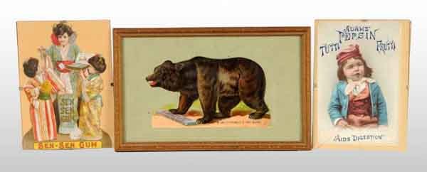 Lot of 3: Paper Gum Advertisements.: Description Includes two framed die-cut signs, for Sen-Sen and Primley's, and one trade card for Tutti Frutti Gum in small frame with crack. Condition (Excellent). Size 4 - 1/8" x 6 - 3/4".