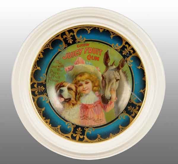 Framed Tin Juicy Fruit Gum Plate.: Description Circa 1890 to 1900. Beautiful lithography depicting a little girl with a dog and horse. Some scratches, crazing, and overall wear. Condition (Very Good). Size 10" Dia.