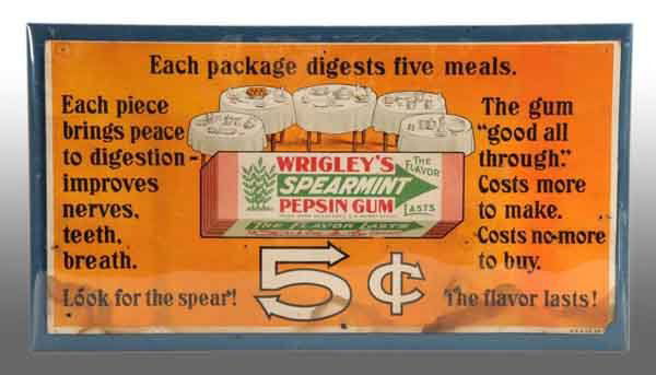 Wrigley's 5-Cent Gum Trolley Sign.: Description Circa 1920. Sign depicts dining tables. Approximately six holes from having been nailed to a wall with staining, dirt, and one small piece missing from a corner. Condition (Good). Size 20"