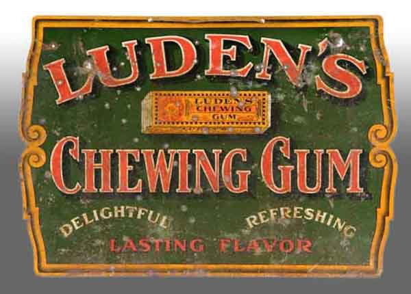 Tin Luden's Chewing Gum Sign.: Description Numerous nail holes throughout the piece with rust spots, discoloration, and overall wear. Despite the condition, this is a very rare sign. Condition (Good). Size 9 - 1/2" x 6 - 3/4".