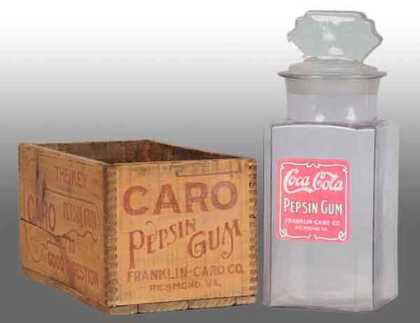 Coca-Cola Pepsin Gum & Caro Pepsin Gum Crate.: Description Made by the Franklin-Caro Company. Coca-Cola label on jar is contemporary and not original to this piece and lid may not be original to jar either. The wooden crate has normal cracking and