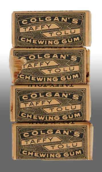 Lot of 4: Colgan's Taffy Tolu Gum Sticks.: Description 1900 to 1910. All show some staining and/or wear. Condition (Good - Near Mint). Size Largest: 1 - 1/2" x 3/4".