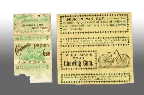 Lot of 2: Rare Gum Wrappers.: Description Includes one Wheelman's Sour Chewing Gum with some very light staining and tearing. Also includes one Cinderella Pepsin Gum wrapper depicting Cinderella and gentleman caller with pencil ma