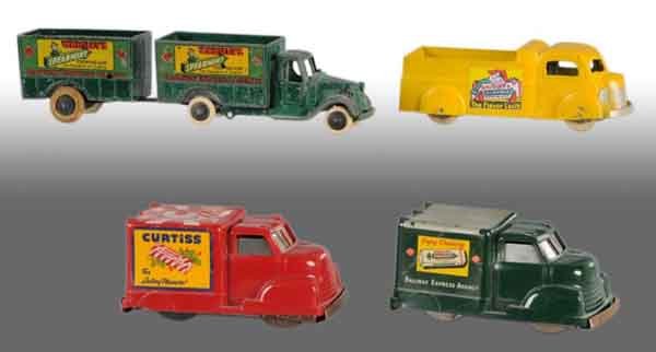 Lot of 4: Toy Trucks.: Description Includes three for Wrigley's Spearmint Gum and one for Curtiss. One truck has a trailer attached and all trucks have wear with some of the labels starting to peal away. Condition (Good - E