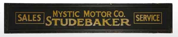 Wooden Mystic, Connecticut Studebaker Sales Sign.: Description Wonderful condition with original wooden frame and sand paper finish. Only one or two small splits, very minor marks, and light wear. Condition (8.0 - 8.5, Excellent). Size 17 - 1/2" x 98"