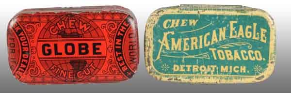 Lot of 2: Sample Flat Pocket Tins.: Description Includes sample tin by the Globe Tobacco Company in Detroit, Michigan and sample tin by American Eagle Tobacco in Detroit, Michigan. Globe is marked "Ginna & Co." with bright, crisp colors