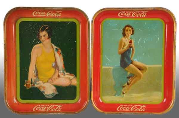 Lot of 2: Coca-Cola Serving Trays.: Description 1929 and 1933. Overall some rings, scratches, color chips, edge nicks, and medium to heavy wear. Condition (6.0 - 6.5, Good). Size 13" x 10 - 1/2".