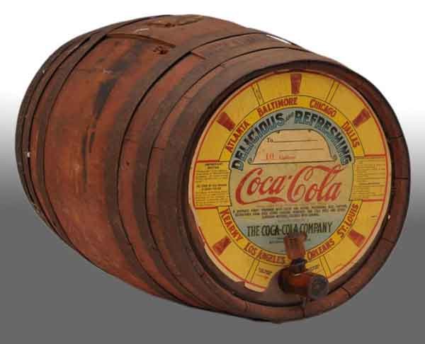 Wooden Coca-Cola Small Keg with 10-Gallon Label.: Description 1930s to 1940s. Good remaining label. Nice overall condition with only moderate wear. Condition (7.5 - 8.0, Excellent). Size 11" Dia.