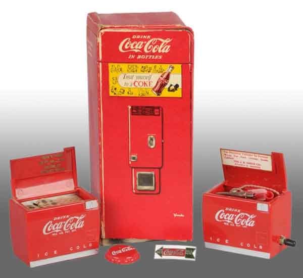 Lot of 3: Assorted Coca-Cola Items.: Description Includes one miniature cardboard Vendo drink machine model V-216, one crystal radio miniature cooler, and one more additional miniature cooler. Vendo has light soiling and few small cracks