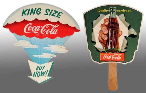 Lot of 2: Cardboard Coca-Cola Hand Fan & Sign.: Description 1950s. Minor to medium marks. Condition (8.0, Excellent). Size Largest: 11" T.