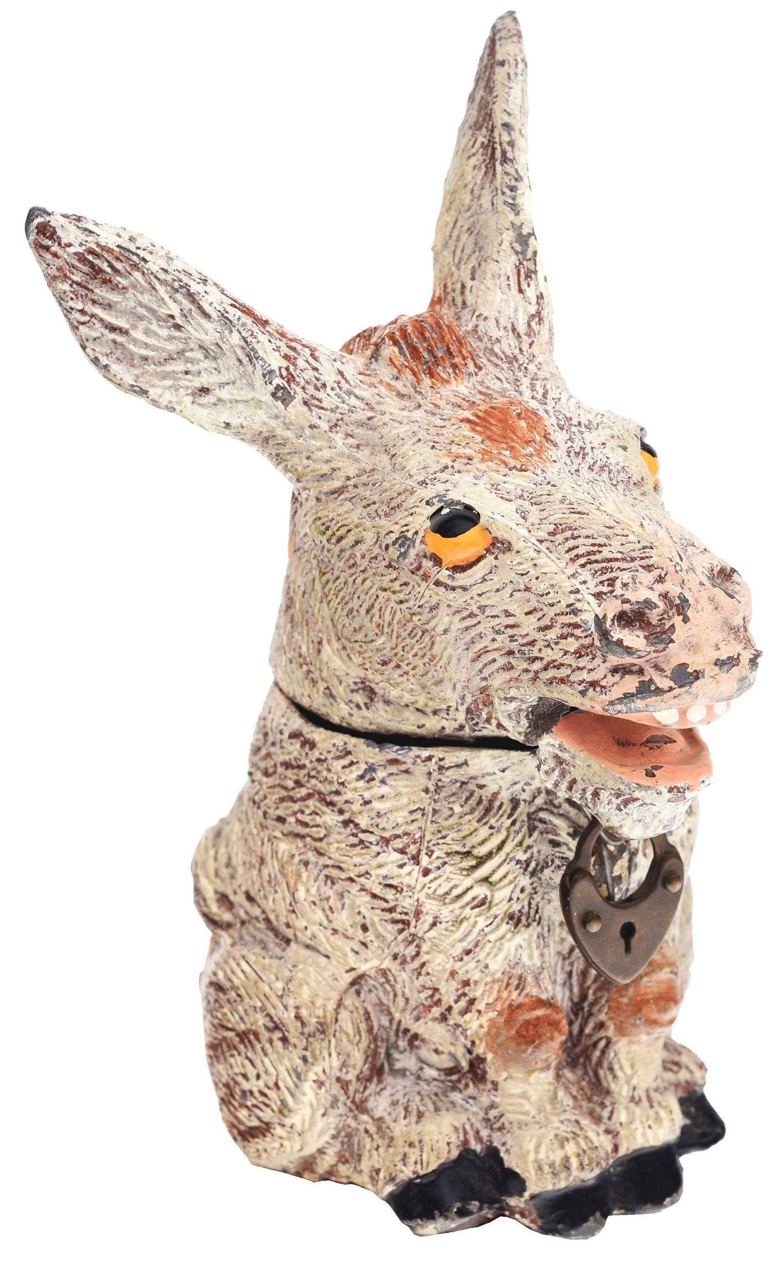 DONKEY - SPRING JAWED MECHANICAL BANK.: Manufactured in Germany. White metal. Circa 1930's. Insert a coin in the slot in the head. The coin strikes a leaf spring that causes the jaw to wiggle. Near Mint. Condition: (Near Mint). Dimensions: