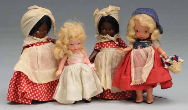 Lot of 4: Bisque Nancy Ann Story Book Dolls.: Description American, Ca. 1940s. Japan girl with blonde hair (sparse on one side), jointed legs with painted shoes. Around the World Girl with jointed legs, original outfit. Two Black Mammy dolls with