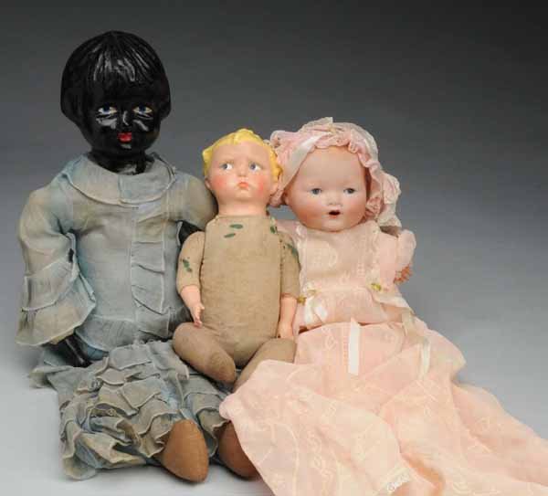 Lot of 3: Dolls.: Description Bisque socket head incised "Arranbee", sleeping eyes, open mouth with one tooth, vintage cloth body with celluloid hands. Effanbee composition early Baby Grumpy (fully restored head). Blac