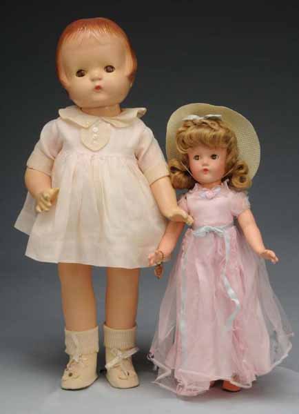 Lot of 2: Effanbee Composition Dolls.: Description American, Ca. 1930-40. Incised "Susanne Effanbee", original blonde wig with top braid and bow, sleeping eyes (cloudy), jointed neck, shoulders and hips, lovely colorful composition. All or