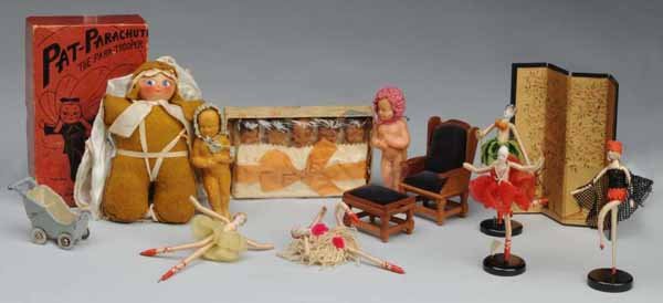 Lot of Vintage Accessories & Toys.: Description Includes two soap babies, one with washcloth, boxed set of five soap babies Quintuplets, boxed Pat- Parachute by Elvy Kalep, new oriental screen, new chair with footstool, cast iron stroll
